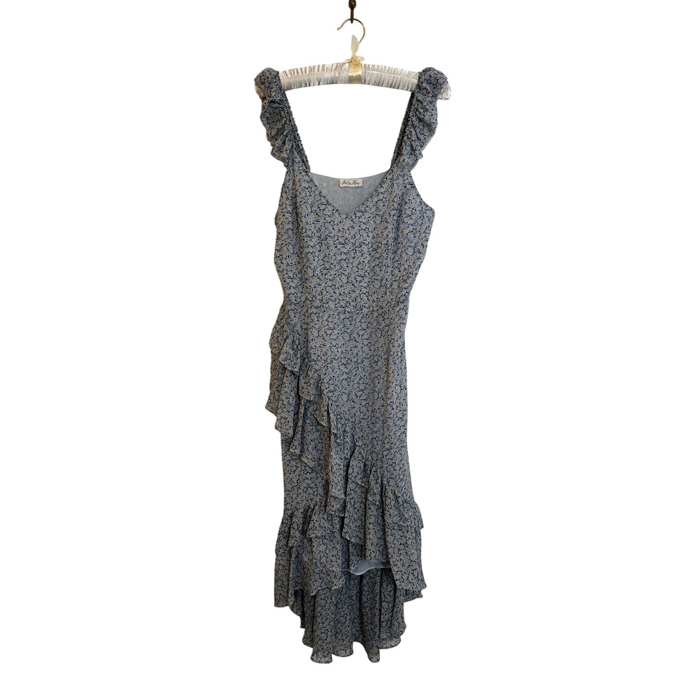 LoveShackFancy Silk‎ Midi Dress Size 4 Blue Floral Ruffle High-Low Romantic Boho